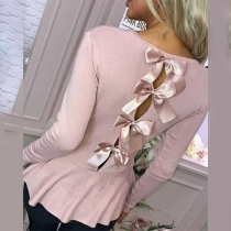 Sweet Style Long Sleeve Round Neck Back Bow-knot Top