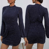 Retro Style Long Sleeve Round Neck Slim Fit Dress