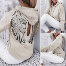 Sexy Backless Sequin Wings Long Sleeve Hooded Sweatshirt