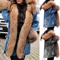 Fashion Faux Fur Collar Hooded Long Sleeve Ripped Denim Coat