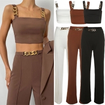Sexy Chain Sling Crop Top + High Waist Straight-leg Pants Two-piece Set