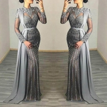 Sexy See-through Gauze Long Sleeve Round Neck High Waist Slim Fit Party Dress