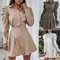 OL Style Puff Sleeve POLO Collar Solid Color Slim Fit Shirt Dress