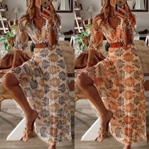 Bohemian Style Half Sleeve V-neck High Waist Printed Maxi Dress