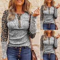 Fashion Lace Spliced Long Sleeve Round Neck Leopard Printed T-shirt