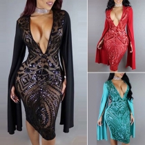 Sexy Deep V-neck Slit Long Sleeve Slim Fit Sequin Dress