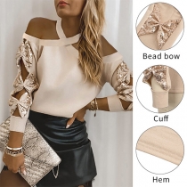 Sexy Off-shoulder Bow-knot Sequin Long Sleeve Crossover Halter Top