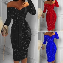 Sexy Off-shoulder V-neck Slim Fit Slim Fit Tie-belt Party Dress