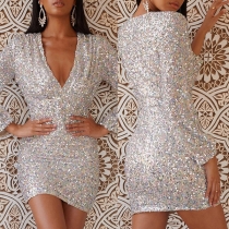 Sexy Deep V-neck Long Sleeve Slim Fit Sequin Party Dress