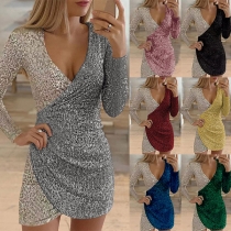 Sexy V-neck Irregular Hem Long Sleeve Contrast Color Sequin Party Dress