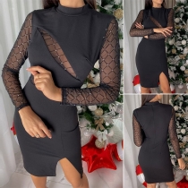 Sexy Gauze Spliced Long Sleeve Mock Neck Slim Fit Dress