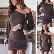 Sexy Oblique Shoulder Long Sleeve Side-drawstring Slim Fit Dress
