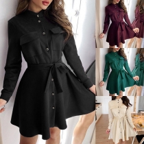 OL Style Long Sleeve Stand Collar Single-breasted Tie-belt Shirt Dress