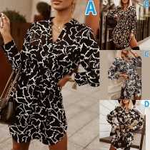 Fashion Long Sleeve Stand Collar Single-breasted Printed Shirt Dress