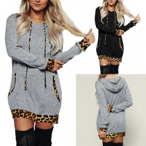Fashion Long Sleeve Hooded Leopard Spliced Sweatshirt Dress