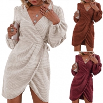 Sexy V-neck Irregular Hem Long Sleeve Solid Color Dress