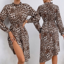 Fashion Ruffle Stand Collar Long Sleeve Irregular Hem Leopard Printed Dress