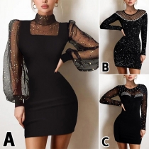 Sexy Gauze Spliced Long Sleeve Slim Fit Party Dress