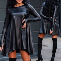 Fashion Long Sleeve Round Neck Irregular Hem PU Leather Dress