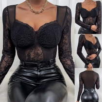 Sexy V-neck Long Sleeve Slim Fit See-through Lace Top