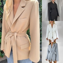 OL Style Long Sleeve Notched Lapel Slim Fit Blazer with Waist Strap