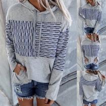Fashion Stripe Spliced Long Sleeve Hooded Loose Sweatshirt