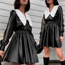 Sweet Style Contrast Color Doll Collar Elastic Waist PU Leather Dress
