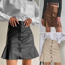 Fashion Solid Color High Waist Front-button Fishtail Hem PU Leather Skirt