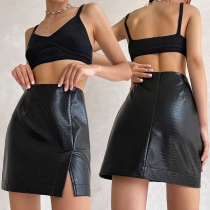 Fashion High Waist Slim Fit Slit Hem PU Leather Skirt