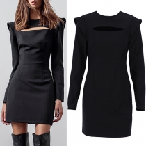 Sexy Hollow Out Long Sleeve Round Neck Slim Fit Black Dress