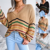 Fashion Rainbow Stripe Spliced Long Sleeve V-neck Loose Sweater