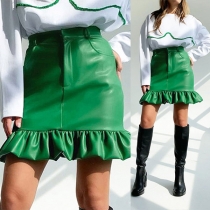 Fashion High Waist Ruffle Hem Slim Fit PU Leather Skirt