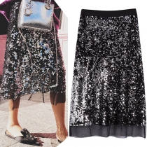 Fashion High Waist Gauze Spliced Sequin Skirt