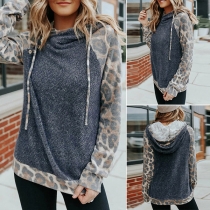 Fashion Leopard Printed Spliced Long Sleeve Hooded Loose Sweatshirt