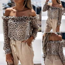Sexy Off-shoulder Boat Neck Long Sleeve Leopard Printed Top