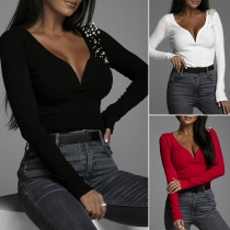 Sexy Deep V-neck Long Sleeve Solid Color Slim Fit Beaded T-shirt