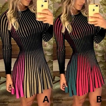 Sexy Long Sleeve Round Neck High Waist Colorful Dress