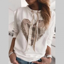 Fashion Long Sleeve Drawstring Round Neck Sequin Heart Sweatshirt