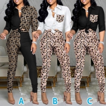 Fashion Half Sleeve Printed Shirt + High Waist Pants Two-piece Set