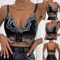 Sexy Backless V-neck Front Lace-up Embroidery Spliced Sling Crop Top