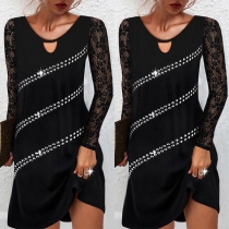 Sexy Lace Spliced Long Sleeve Round Neck Rivets Dress