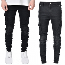 Casual Style Side-pocket Middle-waist Ripped Man's Jeans