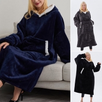 Fashion Contrast Color Long Sleeve Front-pocket Hooded Flannel Nightwear