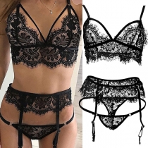 Sexy Hollow Out Lace Solid Color Lingerie Set Three-piece Set