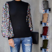 Fashion Sequin Spliced Lantern Sleeve Mock Neck Top