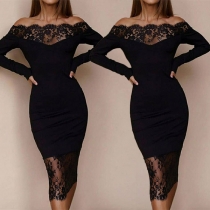 Sexy Lace Spliced Boat Neck Long Sleeve Slim Fit Party Dress