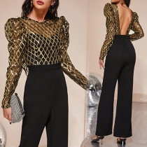 Sexy Backless Puff Sleeve Grid Lines Gauze Spliced High Waist Jumpsuit