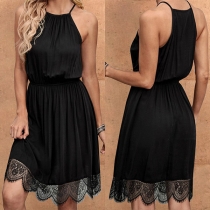 Sexy Lace Spliced Hem Elastic Waist Solid Color Sling Dress