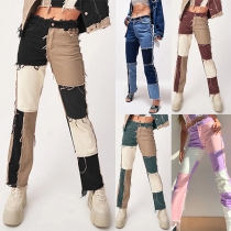Fashion Middle Waist Contrast Color Frayed Jeans