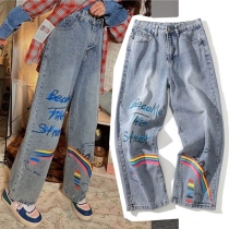 Casual Style Middle Waist Rainbow Printed Wide-leg Jeans